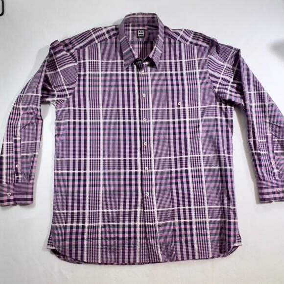 Ike Behar New York Button Shirt Men's XL Purple Grey Check Shirt 100% Cotton - Picture 1 of 10